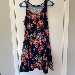 French Grey Navy and Pink Bold Floral Print Sundress